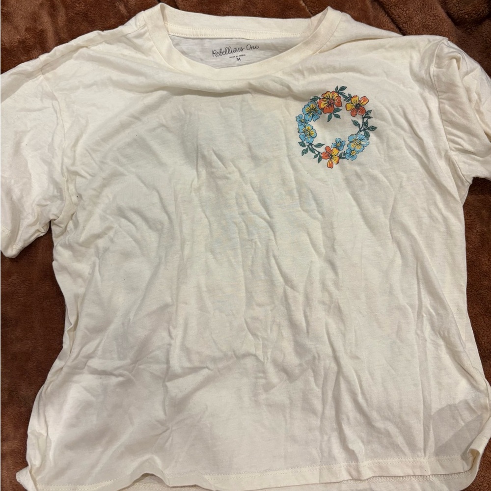 Rebellious One Cream Tee with Floral Embroidery